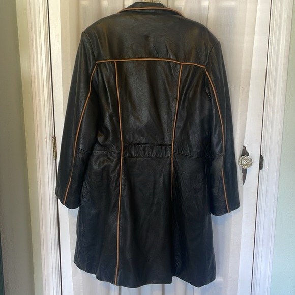 Black with Tan Trim Long Leather Jacket - Picture 9 of 14